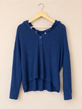 Chaser Blue Oversized Waffle Knit Hoodie with Button Detail